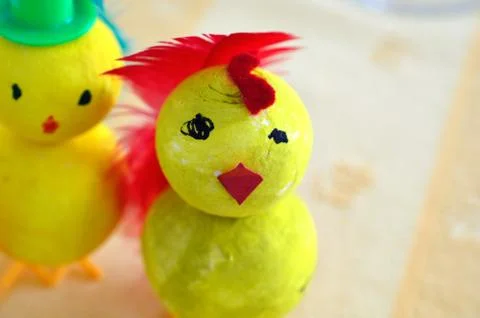 Yellow homemade easter chickens Stock Photos