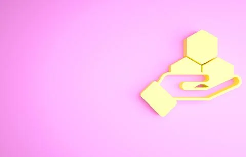 Yellow Honeycomb and hand icon isolated on pink background. Honey cells symbol Illustrazione stock