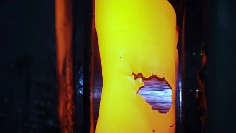 Yellow Hot Copper Slab Moving in Shaping Machine, Metal Production. Close Up Stock Footage 241968382