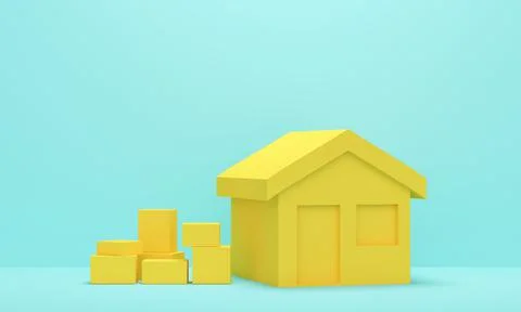 Yellow house with boxes on a blue background. Moving to a new home. 3d rendering Illustrazione stock