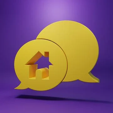 Yellow House building in speech bubble icon isolated on purple background. .. Ilustración de archivo