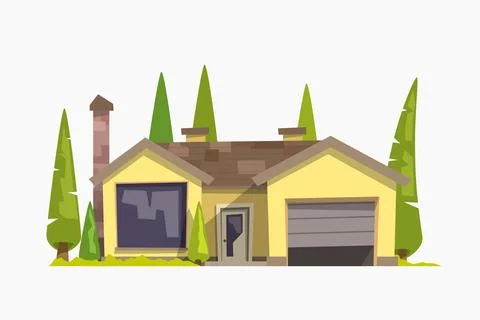 Yellow house front view with pine garden Stock Illustration
