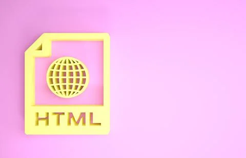 Yellow HTML file document. Download html button icon isolated on pink backgro イラスト素材