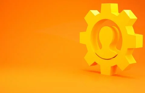 Yellow Human with gear inside icon isolated on orange background. Artificial  Illustrazione stock