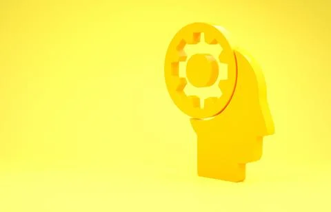 Yellow Human head with gear inside icon isolated on yellow background. Artifi Illustrazione stock