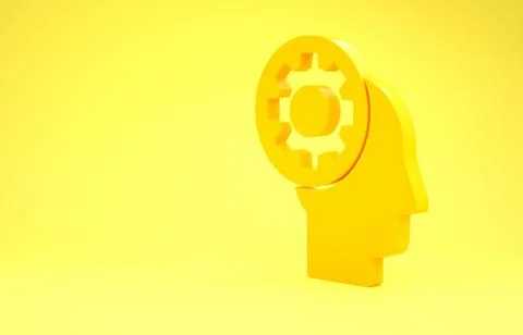 Yellow Human head with gear inside icon isolated on yellow background. Artifi Illustrazione stock