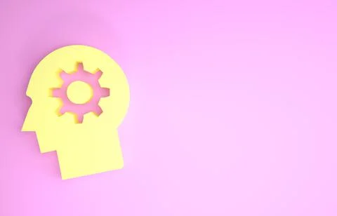Yellow Human head with gear inside icon isolated on pink background. Artifici Illustrazione stock