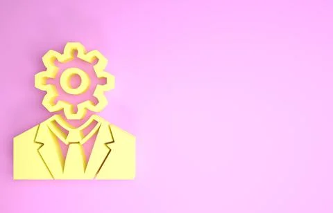 Yellow Human head with gear inside icon isolated on pink background. Artifici 스톡 일러스트