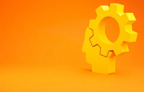 Yellow Human head with gear inside icon isolated on orange background. Artifi Illustrazione stock