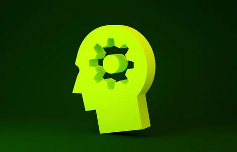 Yellow Human head with gear inside icon isolated on green background. Artific 스톡 일러스트