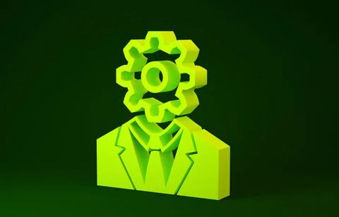 Yellow Human head with gear inside icon isolated on green background. Artific Illustrazione stock