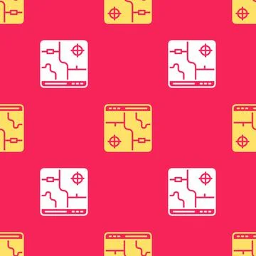 Yellow Infographic of city map navigation icon isolated seamless pattern on red 스톡 일러스트