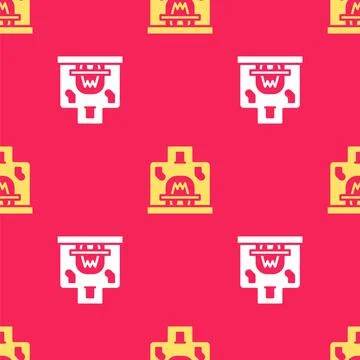 Yellow Interior fireplace icon isolated seamless pattern on red background Stock Illustration