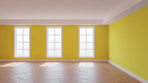 Yellow Interior with a White Ceiling and Cornice, Glossy Herringbone Parquet Stock Illustration