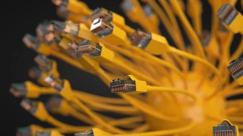 Yellow internet cables and sphere. conceptual 3d illustration of ethernet cable 库存插图