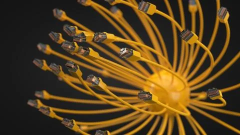 Yellow internet cables and sphere. conceptual 3d illustration of ethernet cable Stock Illustration