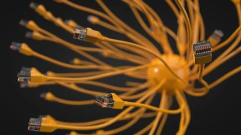 Yellow internet cables and sphere. conceptual 3d illustration of ethernet cable 库存插图