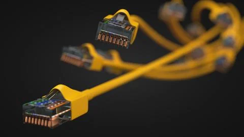 Yellow internet cables. conceptual 3d illustration of ethernet cable and rj-45 Stock Illustration