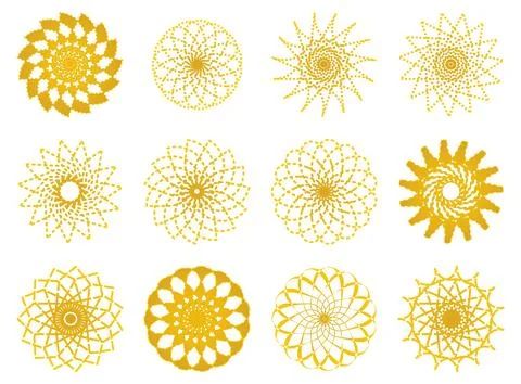 Yellow intricate circular mandala patterns set, complex geometric lace orna.. Illustrazione stock