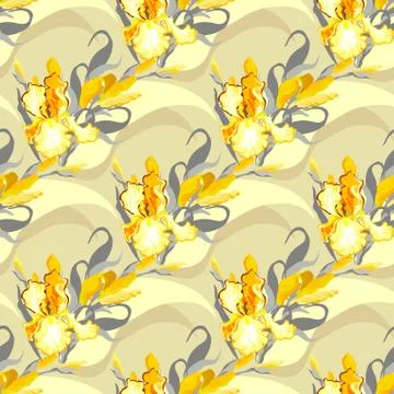 Yellow iris flower seamless pattern background. Stock Illustration