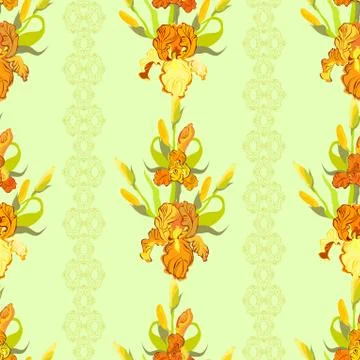 Yellow iris flower seamless pattern background. Stock Illustration