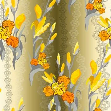 Yellow iris flower seamless patternbackground. Stock Illustration