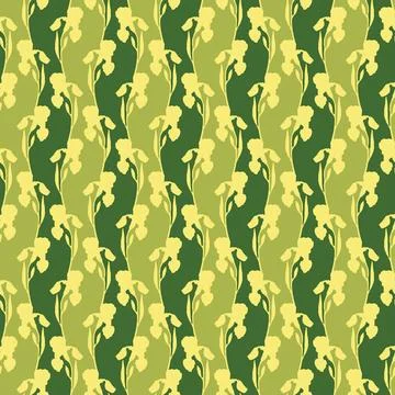 Yellow irises seamless pattern on green background 스톡 일러스트