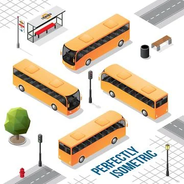 Yellow Isometric Bus from the Front Back Right and Left Stock Illustration