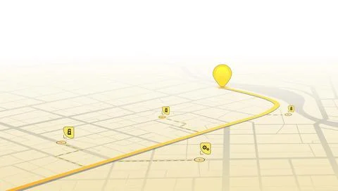 Yellow isometric city map with location pointer and service station icons along Stock Illustration