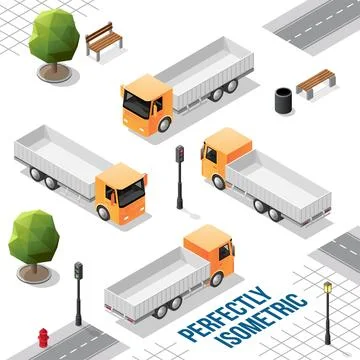 Yellow Isometric Truck from the Front Back Right and Left Views Stock Illustration