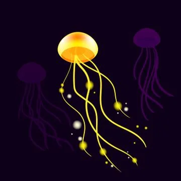 Yellow jelly fish sparkling. Vector illustration on the dark background Stock Illustration