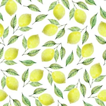 Yellow juicy lemons with leaves pattern on white background. Seamless watercolor Stock Illustration