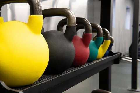 Yellow kettlebell weight background exercise, for gym sport in heavy and muscle Foto stock