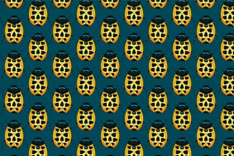 Yellow ladybird pattern on blue. Insects background Stock Illustration