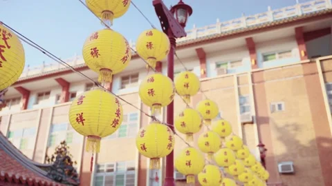 Yellow lanterns hung up at a temple in Tainan. Stock Footage 140238946