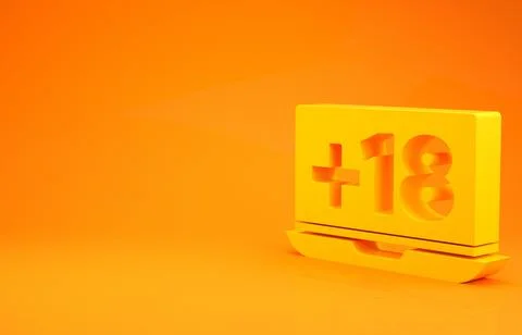 Yellow Laptop with 18 plus content icon isolated on orange background. Age re Stock Illustration
