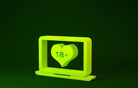 Yellow Laptop computer with 18 plus content heart icon isolated on green back Illustrazione stock