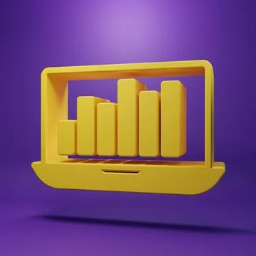 Yellow Laptop with graph chart icon isolated on purple background. Report t.. Stock Photos