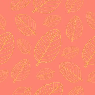Yellow leaves sketch line pattern on coral background- Stock Illustration