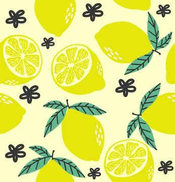Yellow Lemon and lemon slice citrus seamless pattern Stock Illustration