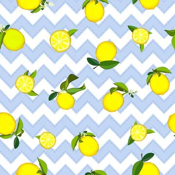 Yellow Lemon with blue zig zag background, seamless pattern vector illustration Stock Illustration