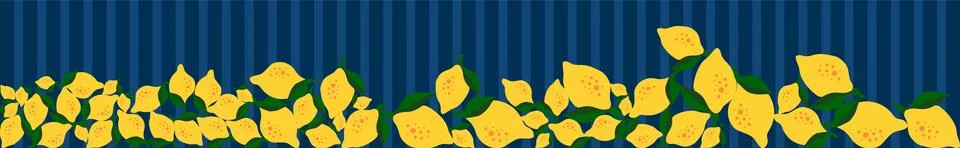 Yellow lemon fruit vector border on dark blue vertical stripes with green leaves Stockillustratie