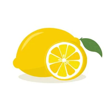 Yellow lemon with leaf and slice. Lemon is a fruit that is sour and has high  Stock Illustration