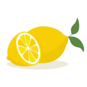 Yellow lemon with leaf and slice. Lemon is a fruit that is sour and has high  Stock Illustration