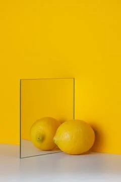 Yellow lemon is reflected in a mirror on a yellow background Stock Illustration