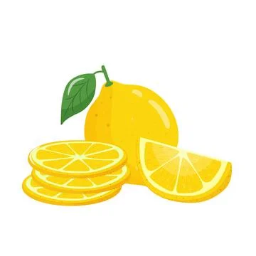 Yellow lemon set with slice and round pieces isolated on white background Stock Illustration