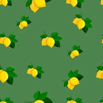 Yellow lemons on a green background with space for a copy, a repeating pattern. Stock Illustration