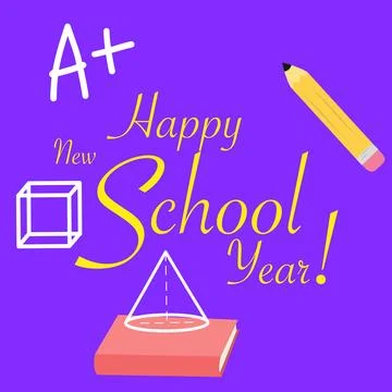 Yellow Lettering with school things set pencil, book, notebook, mark, geometric Stock Illustration