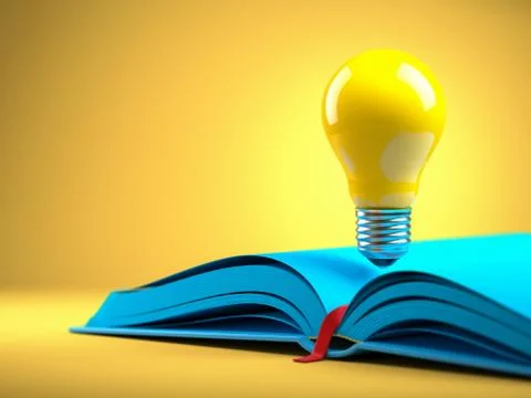 Yellow light bulb on the blue open book. Idean and creativity concept backgro Stock Illustration