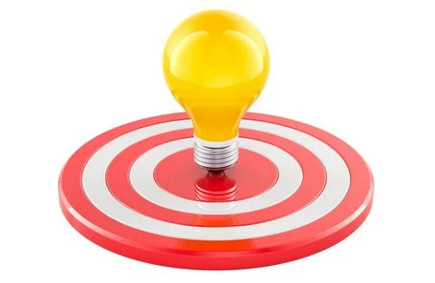 Yellow light bulb in the center of target. Bullseye solution, concept. 3D r.. Stock Illustration